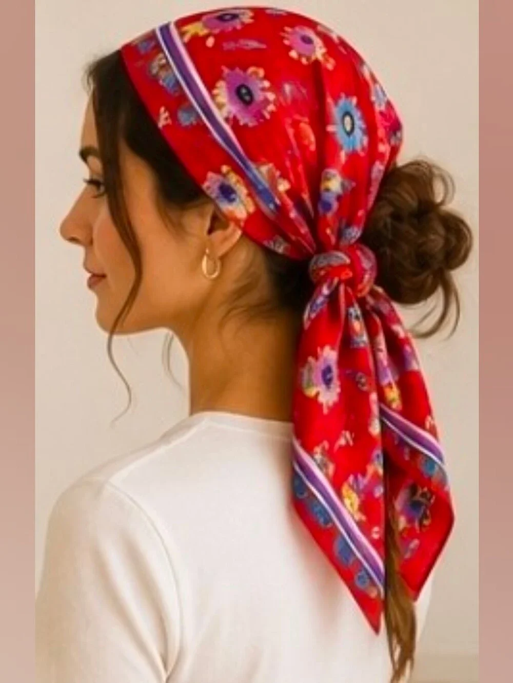 Red Floral Square Scarf 30x30 | Silky Headscarf Hair Wrap | Colorful Vintage Sty
